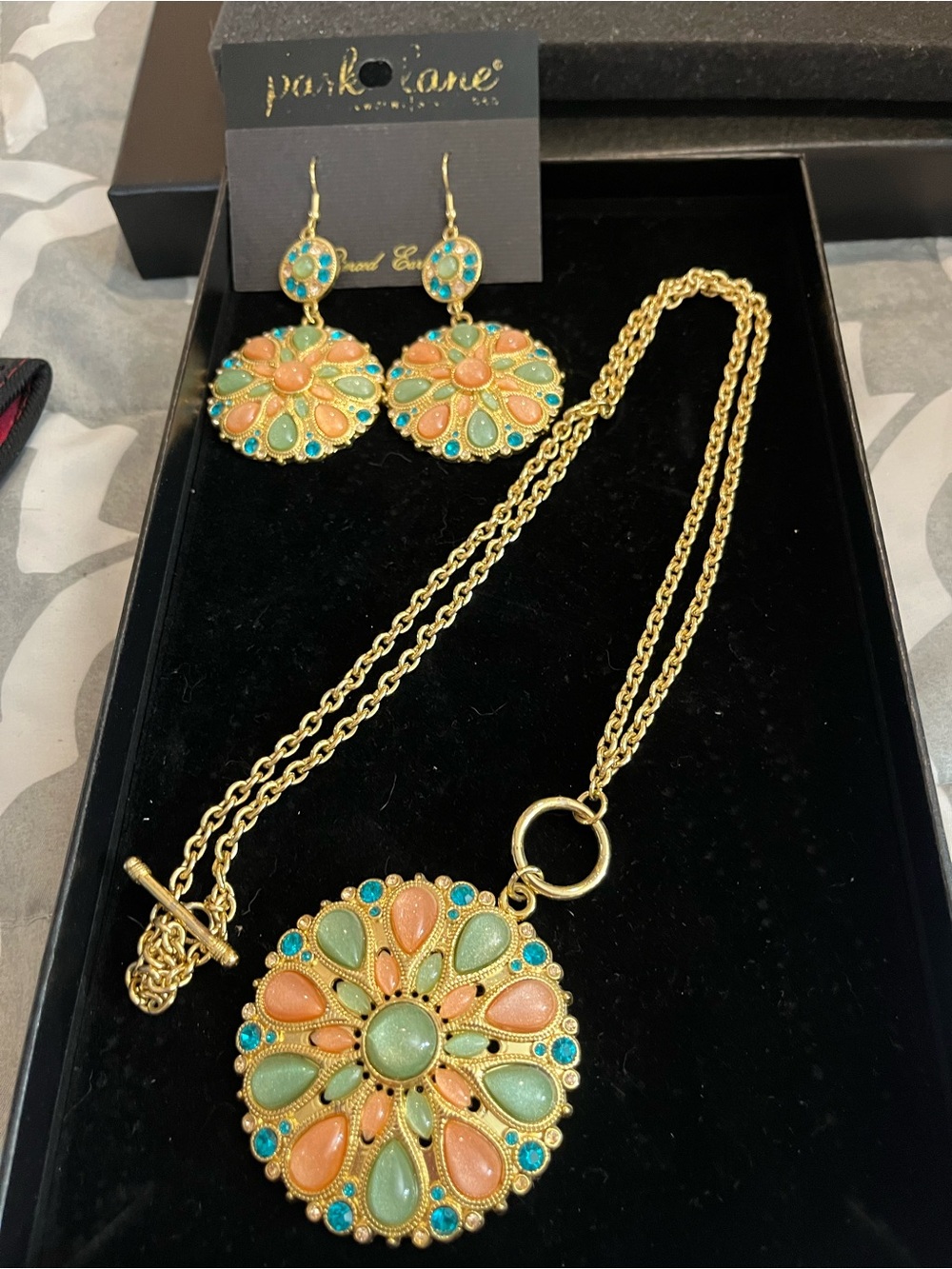 Park Lane Gold-Tone Floral Pendant Necklace and Earrings Set - Coral & Mint